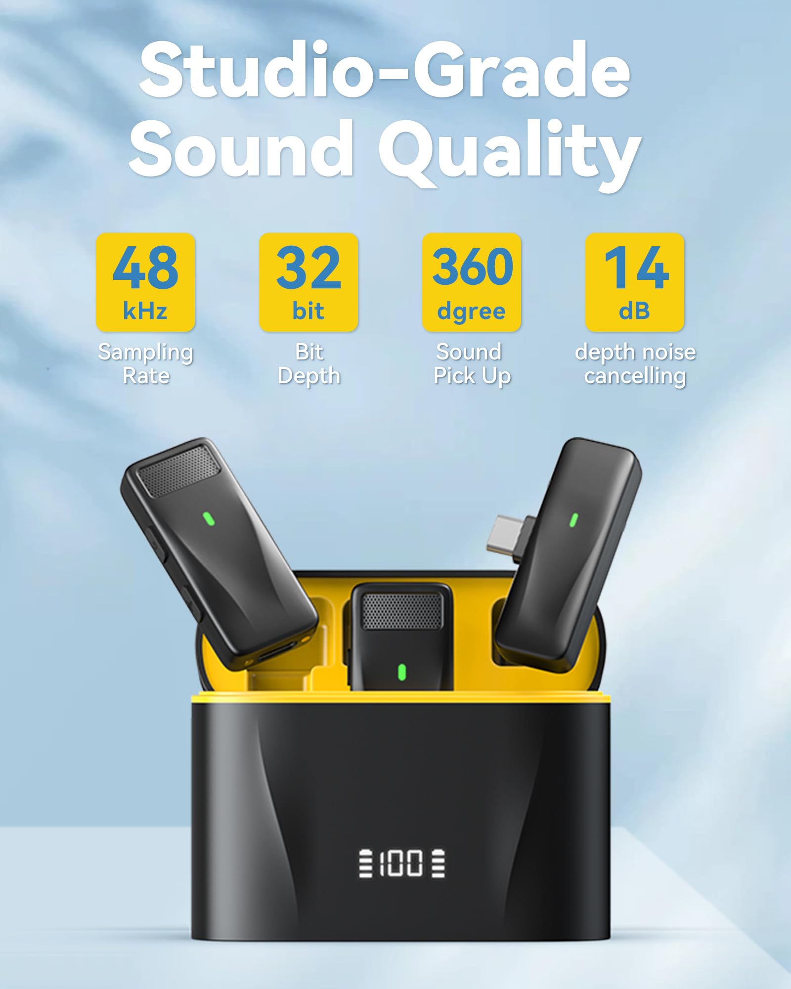 PILSAMAS Wireless Lavalier Microphone for iPhone 15/16 & Android, USB C, 48KHz, 2 Pack with Adapter, Charge Case & Windscreen, Noise Cancel